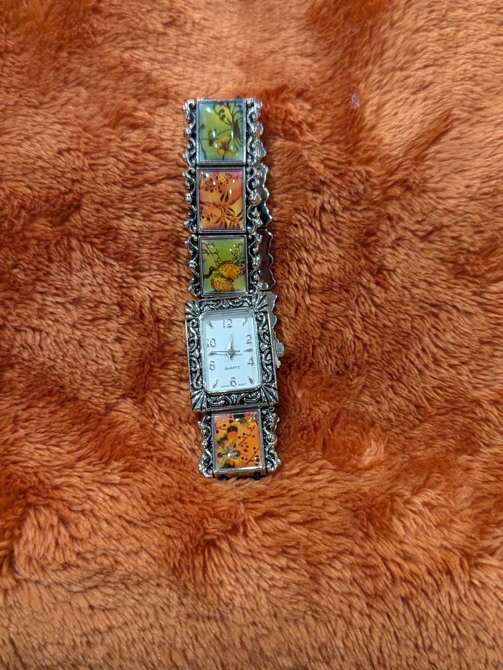 Women's Silver Bracelet Watch with Orange & Green Floral Tiles